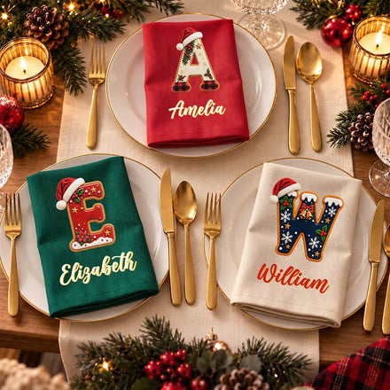 Christmas Table Decor Gift For Family - Personalized Name Santa Hat Initial Reusable Napkin