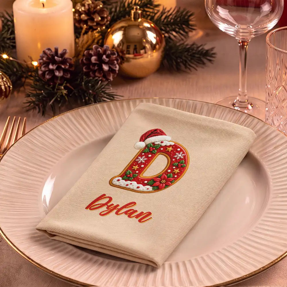 Christmas, Family, Happy, Icon - Christmas Table Decor Gift For Family - Personalized Name Santa Hat Initial Reusable Napkin