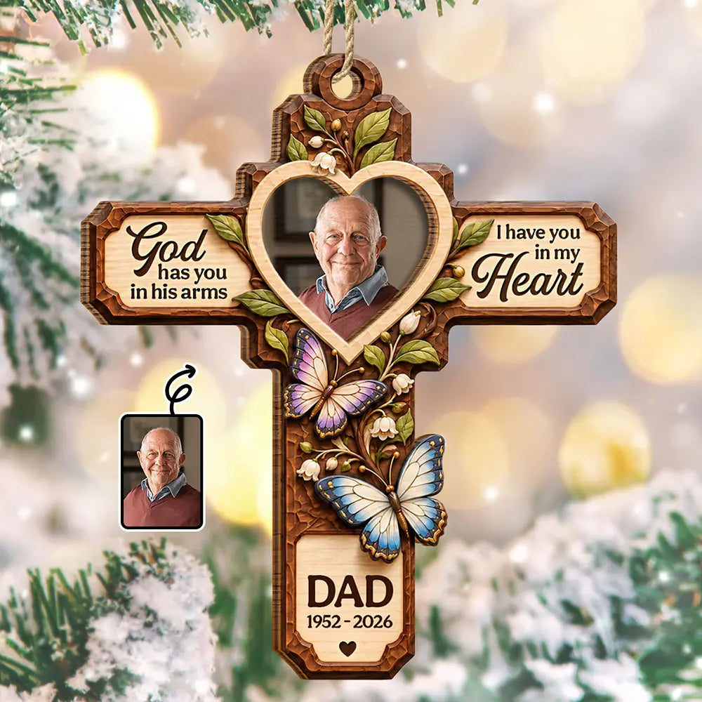 Christmas,Custom Photo,Family,Memorial,Memorial Loved One,Sympathetic,Upload Full Photo - Christmas Memorial Gift - Personalized Custom Photo God Has You In His Arms 2-Layered Wooden Ornament