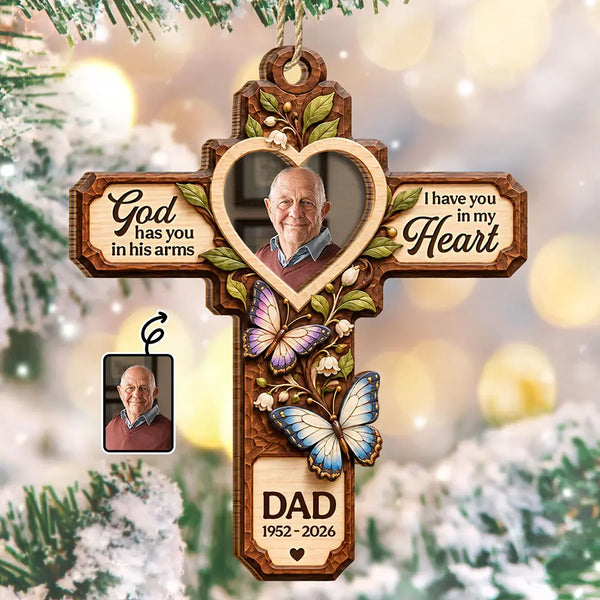 Christmas Memorial Gift - Personalized Custom Photo God Has You In His Arms 2-Layered Wooden Ornament