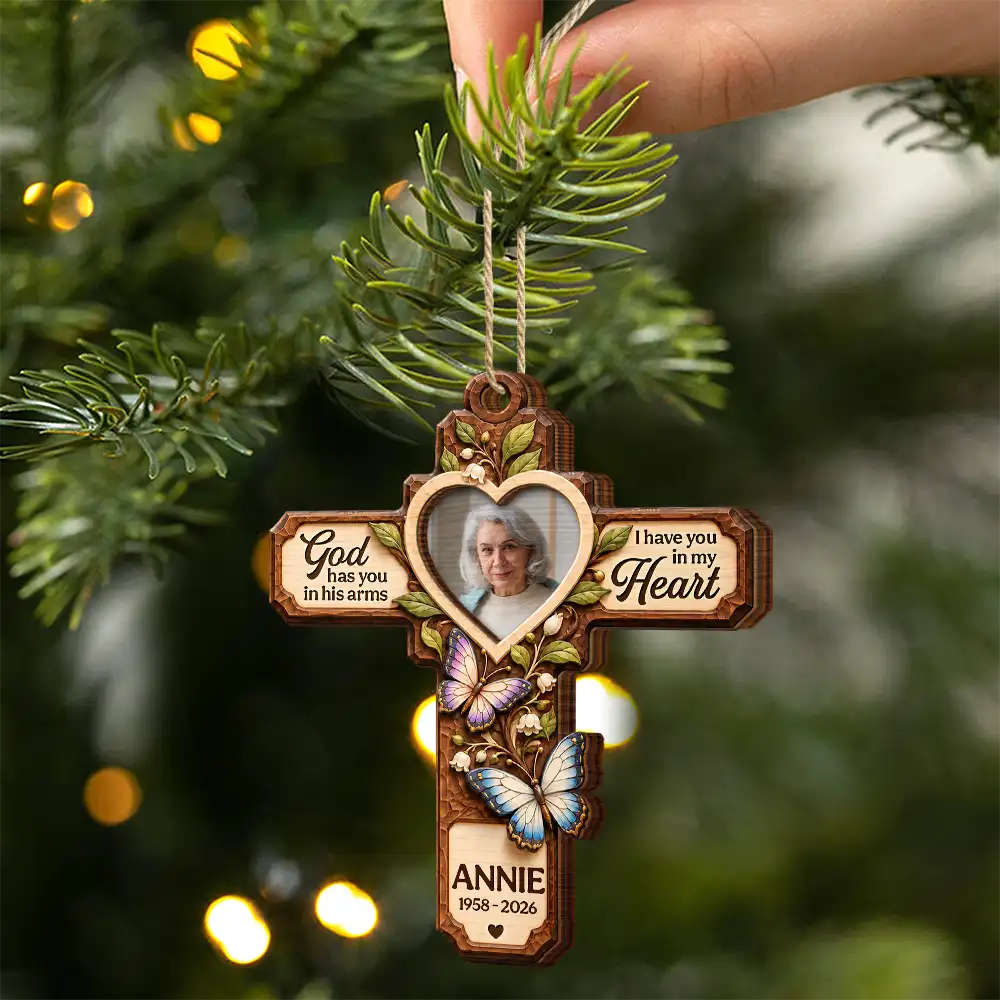 Christmas,Custom Photo,Family,Memorial,Memorial Loved One,Sympathetic,Upload Full Photo - Christmas Memorial Gift - Personalized Custom Photo God Has You In His Arms 2-Layered Wooden Ornament