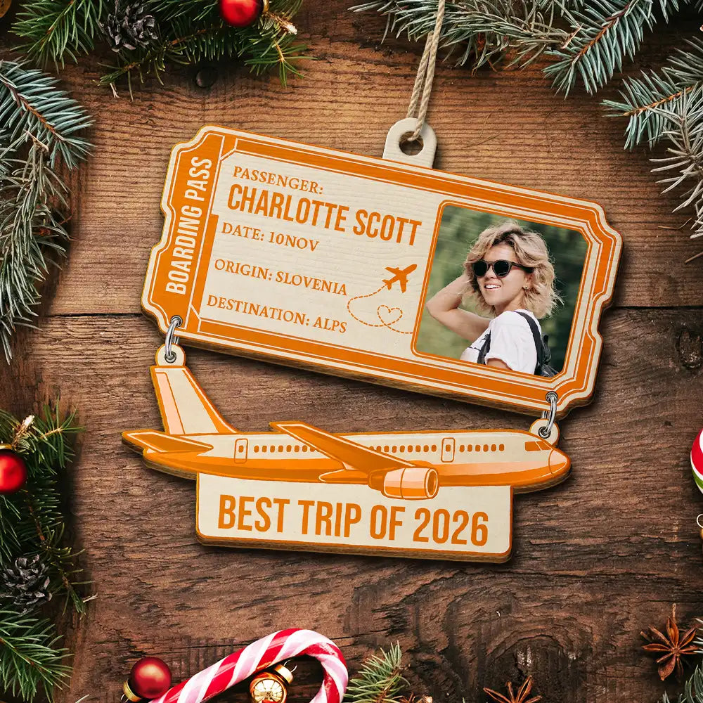 Christmas,Custom Photo,Gift For Yourself,Gifts For Her,Gifts For Him,Happy,Top Market,Travel,Upload Full Photo - Gift For Travel Lovers - Personalized Custom Photo Boarding Pass Wooden Ornament