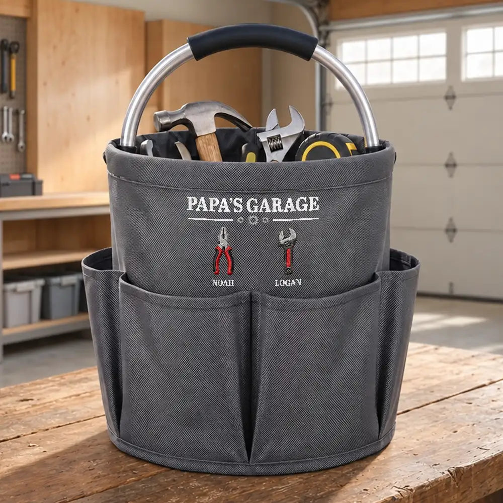 Garage,Gift For Men,Gift For Yourself,Gifts For Him,Happy,Icon,Semi-Outdoor - Garage Gift For Dad Grandpa - Personalized Kids Names Tool Bag