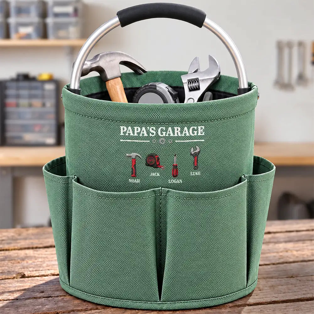 Garage,Gift For Men,Gift For Yourself,Gifts For Him,Happy,Icon,Semi-Outdoor - Garage Gift For Dad Grandpa - Personalized Kids Names Tool Bag