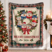 Christmas,Family,Grandparents,Happy,Icon - Christmas Decor For Grandparents - Personalized Snowman Wreath Woven Blanket