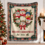 Christmas,Family,Grandparents,Happy,Icon - Christmas Decor For Grandparents - Personalized Snowman Wreath Woven Blanket