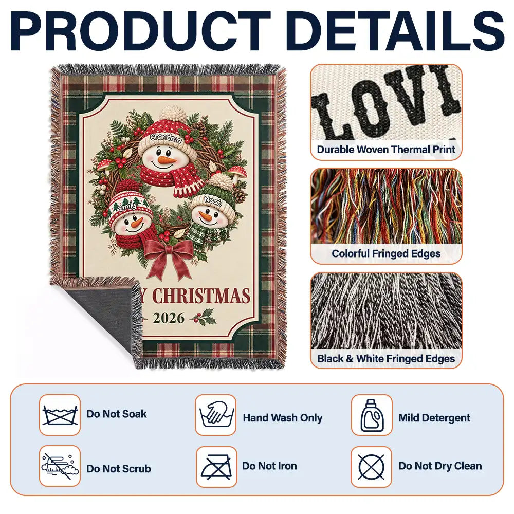 Christmas,Family,Grandparents,Happy,Icon - Christmas Decor For Grandparents - Personalized Snowman Wreath Woven Blanket