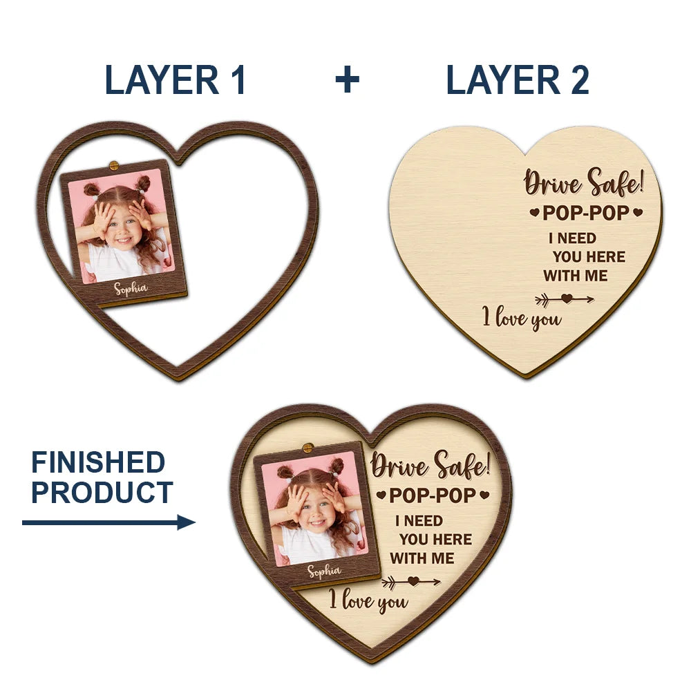 Gift For Father,Happy,Gift For Grandpa - Custom Photo Drive Safe I Love You Heart - Personalized Custom Shaped Car Visor Clip