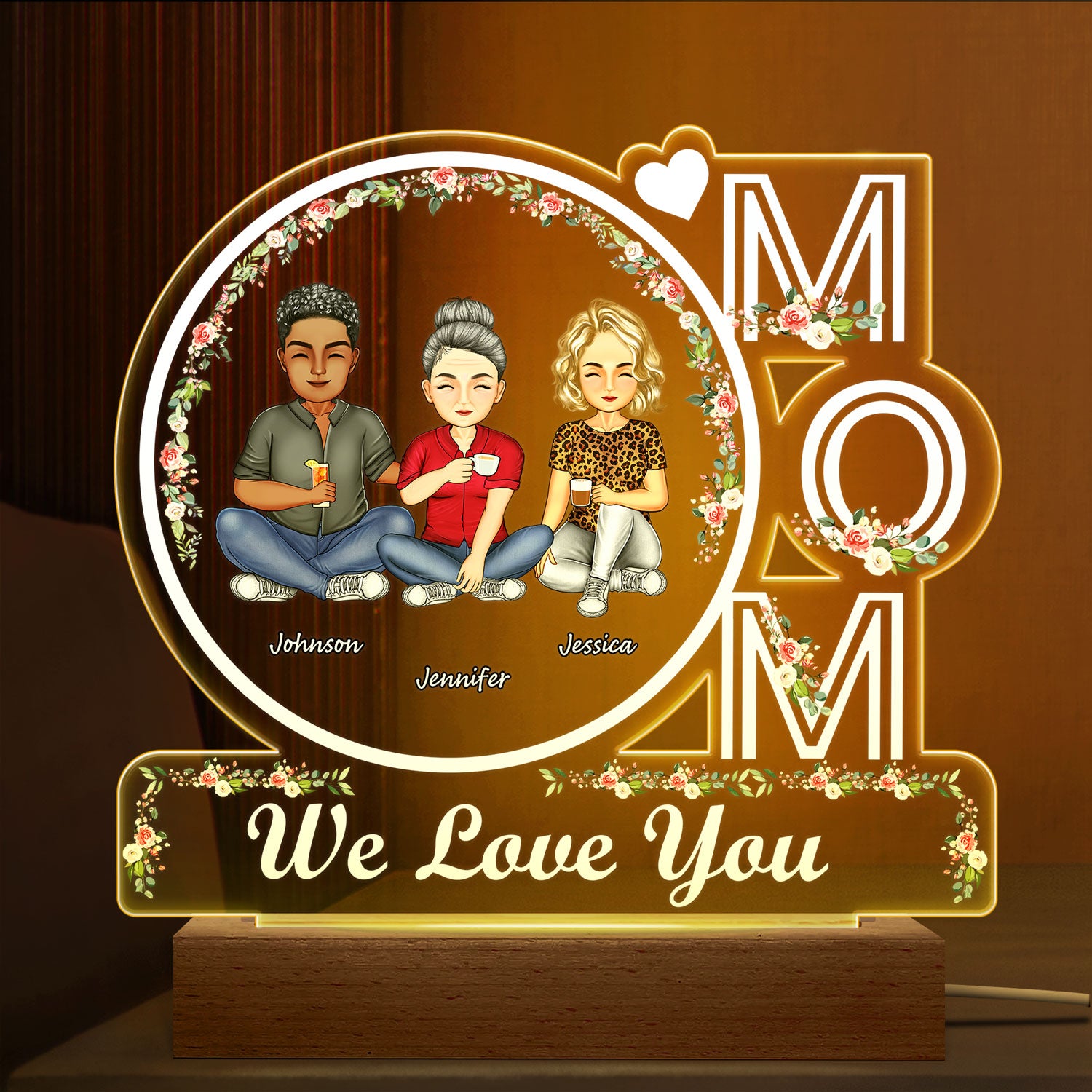 Mom We Love You - Birthday, Loving Gift For Mother, Mum, Mommy - Personalized 3D Led Light Wooden Base