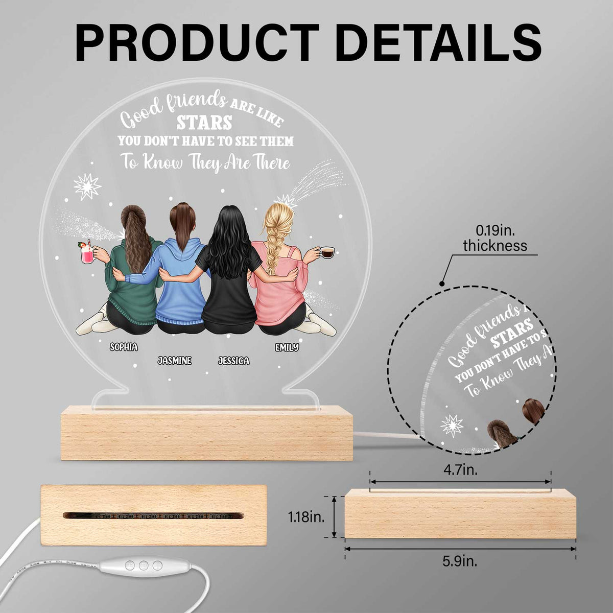 Good Friends Like Stars - Gift For Besties, BFF Best Friends, Sisters - Personalized 3D Led Light Wooden Base