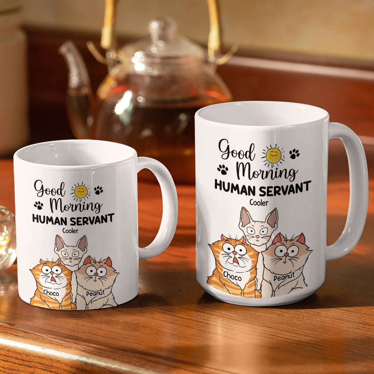 Good Morning Human Servant Cartoon Cats - Gift For Cat Lovers - Personalized White Edge-to-Edge Mug