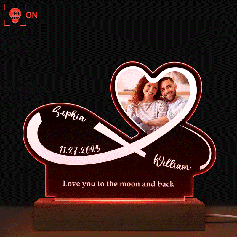 Custom Photo Infinity Heart - Anniversary, Loving Gift For Couples, Spouse, Lover, Wife, Husband, Girlfriend, Boyfriend - Personalized 3D Led Light Wooden Base
