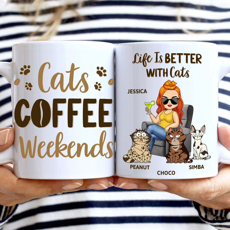 Cats Coffee Weekends - Gift For Cat Lovers, Cat Moms - Personalized White Edge-to-Edge Mug