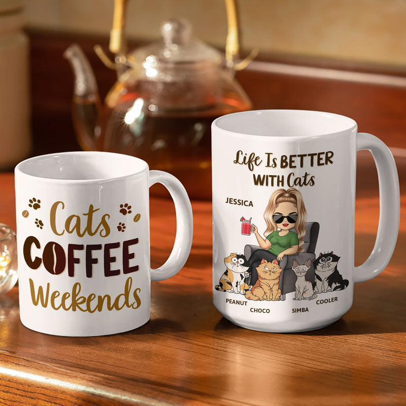 Cats Coffee Weekends - Gift For Cat Lovers, Cat Moms - Personalized White Edge-to-Edge Mug