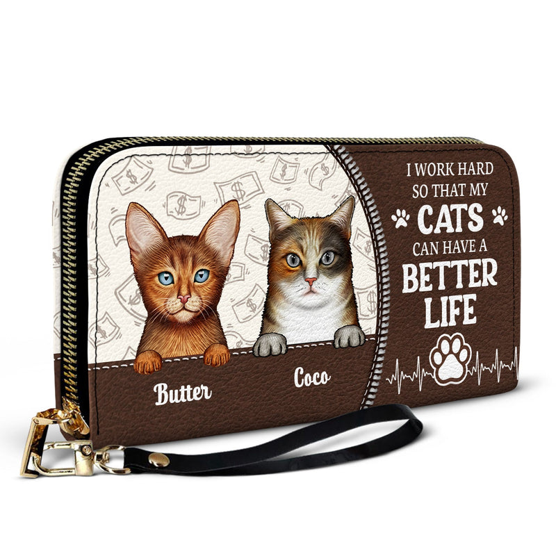 I Work Hard So My Dog Cat - Gift For Pet Lovers - Personalized Leather Long Wallet