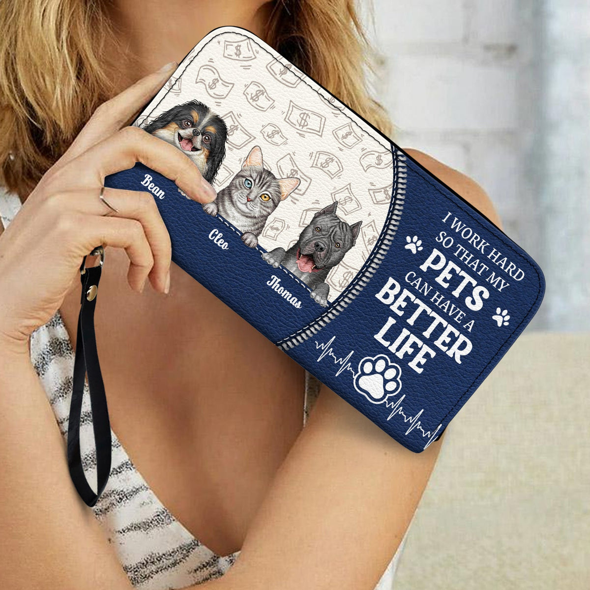 I Work Hard So My Dog Cat - Gift For Pet Lovers - Personalized Leather Long Wallet