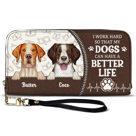 Je travaille dur pour mon chien et mon chat ! Cadeau pour les amoureux des animaux ! Portefeuille long en cuir personnalisé