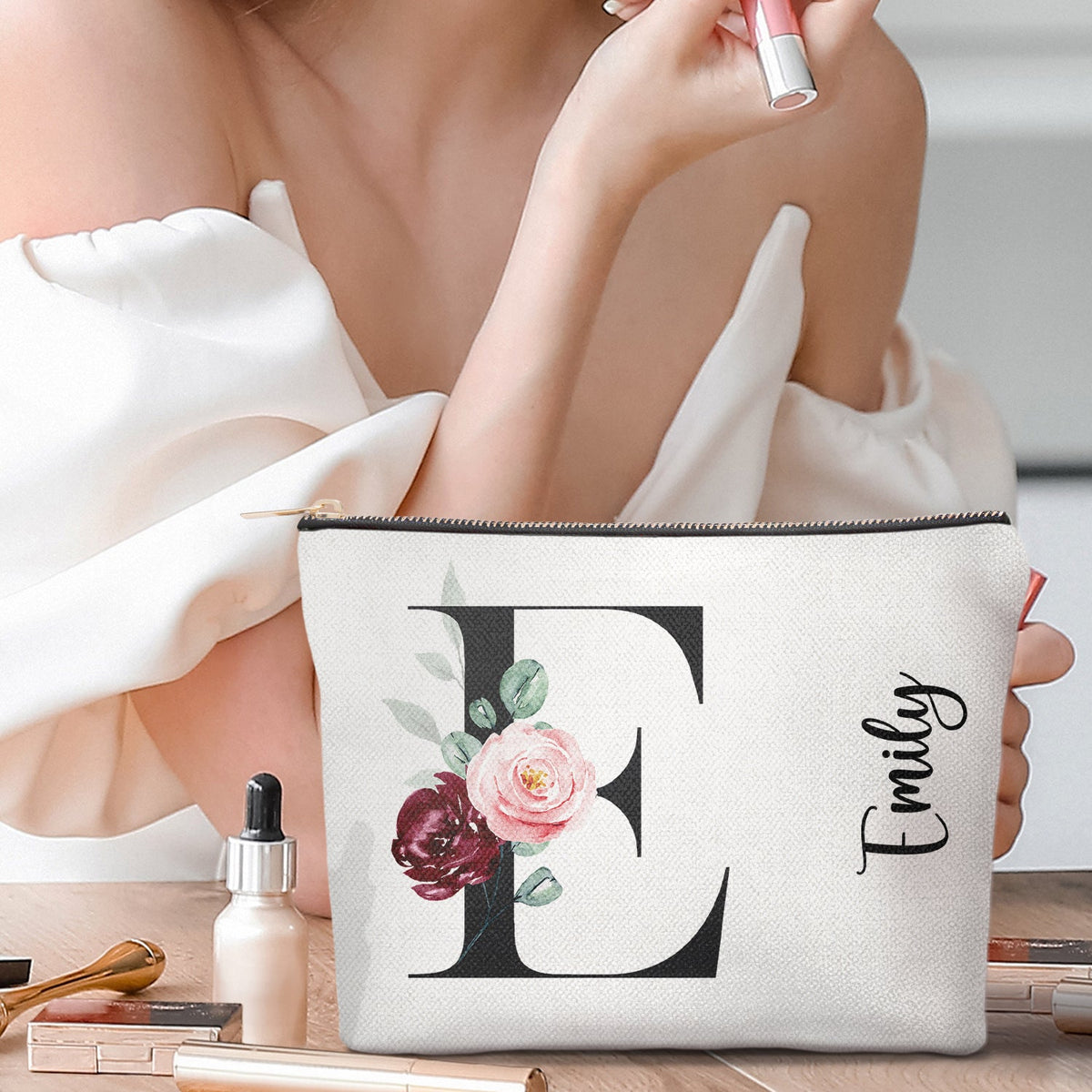 Monogramme floral - Cadeau pour elle, femme - Trousse de maquillage personnalisée