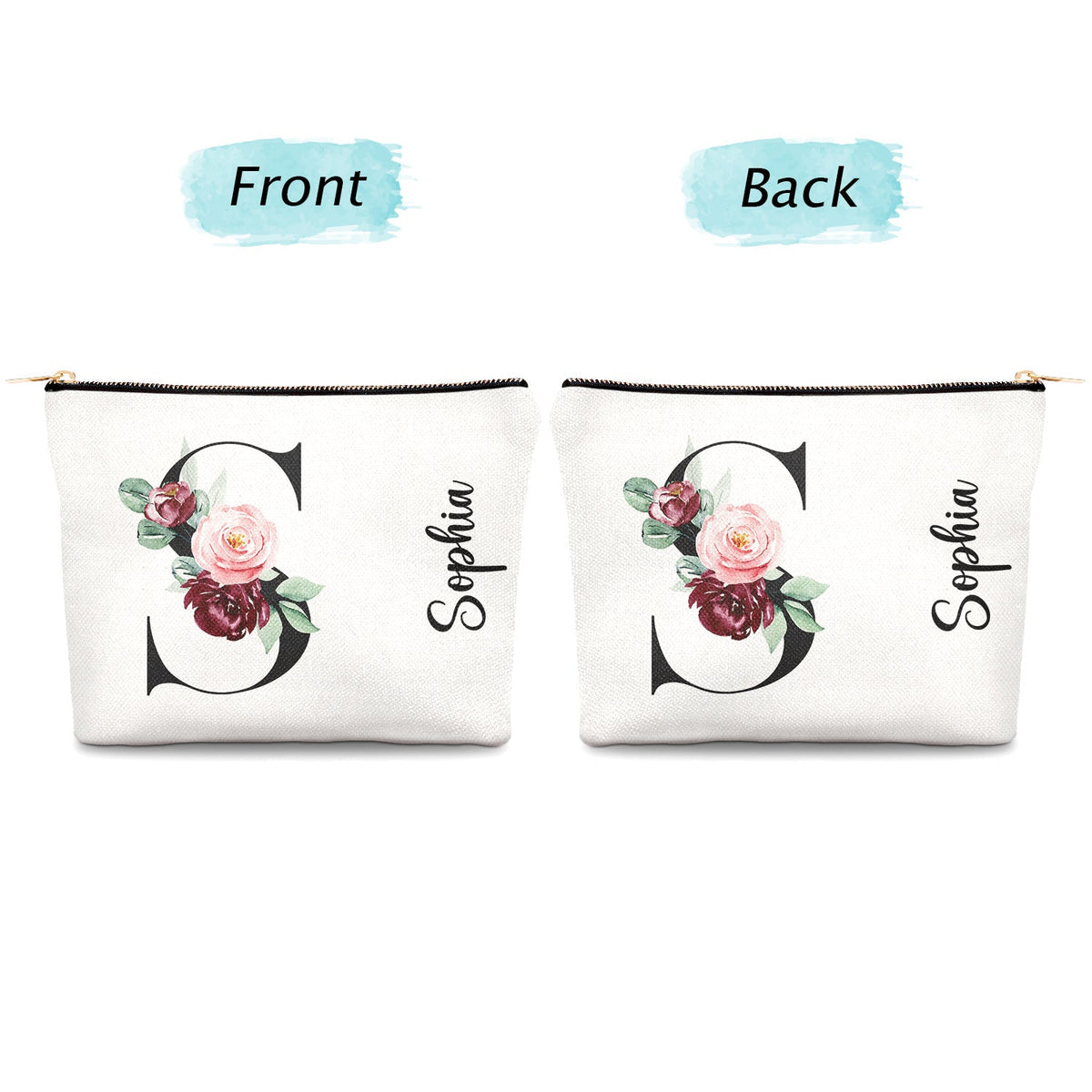 Monogramme floral - Cadeau pour elle, femme - Trousse de maquillage personnalisée