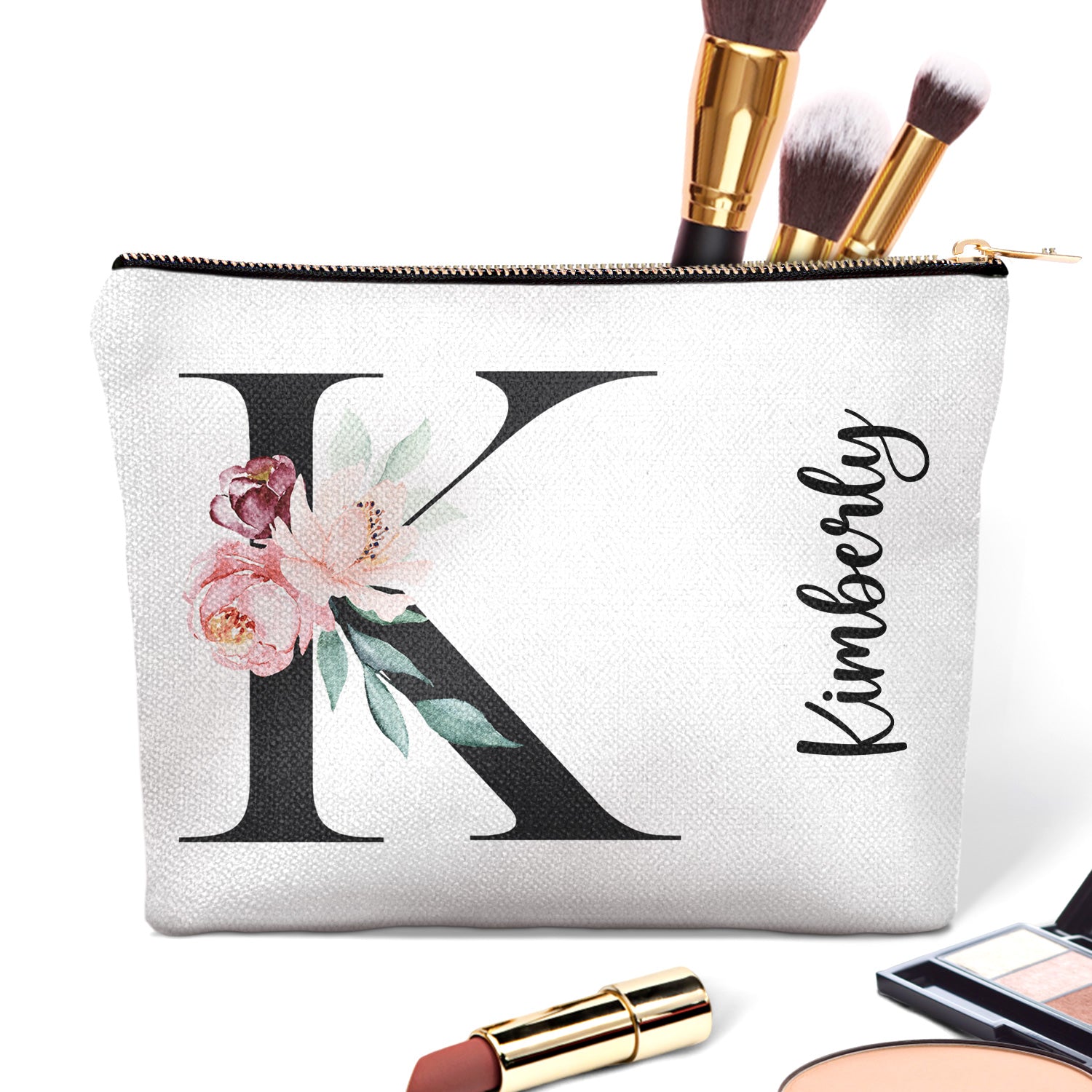 Floral Monogram - Gift For Her, Women - Personalized Cosmetic Bag