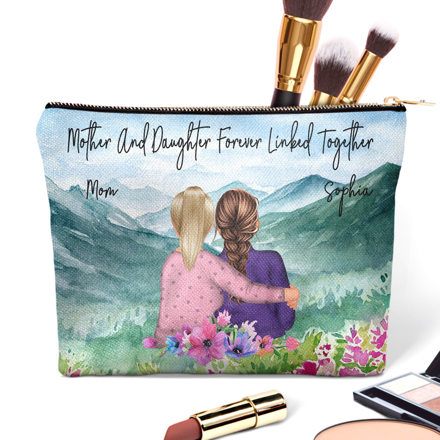 Mother & Daughter Forever Linked Together Watercolor Style - Gift For Mom, Grandma, Grandmother, Granddaughter - Personalized Cosmetic Bag