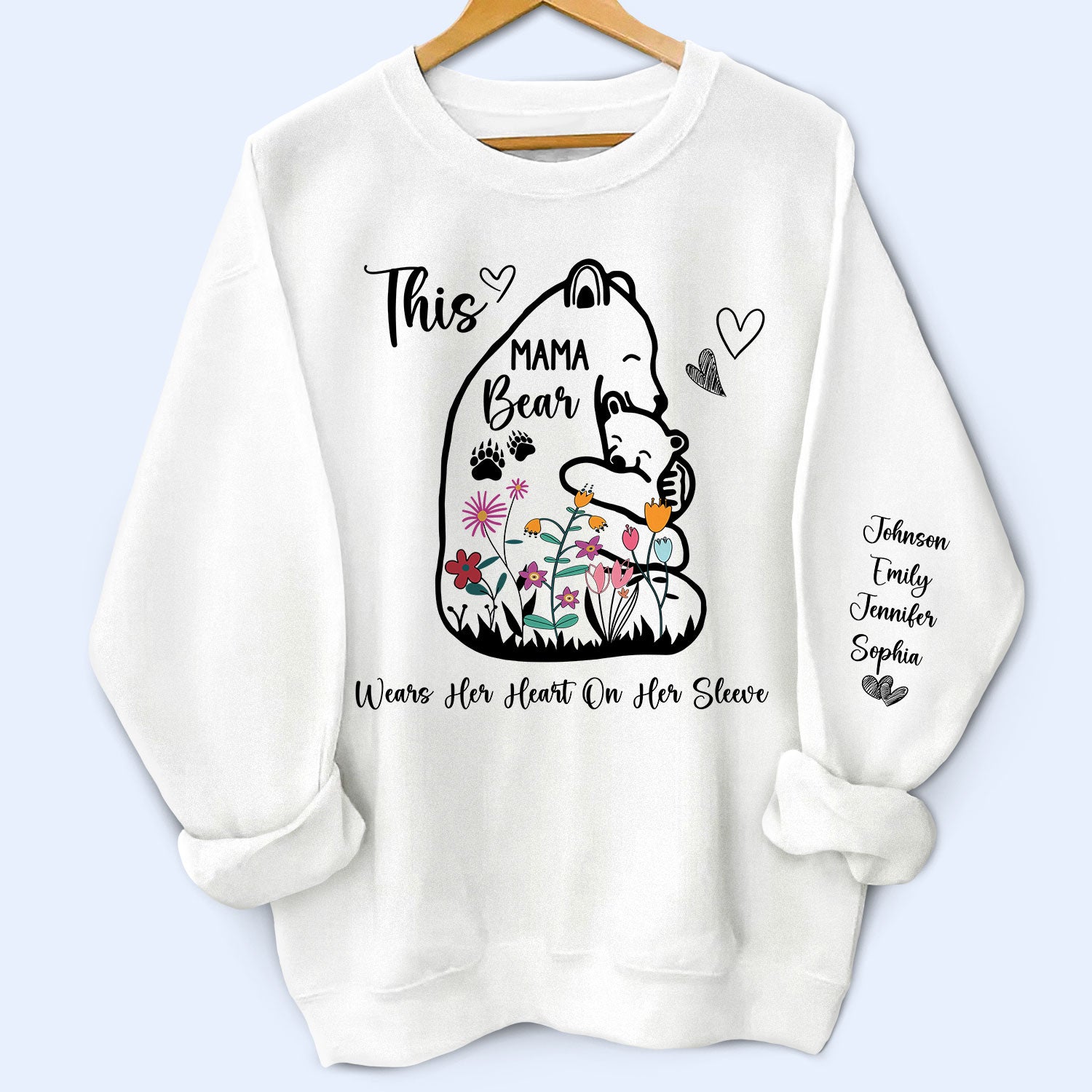 Floral Mama Bear - Birthday, Loving Gift For Mom, Mother, Grandma, Grandmother - Personalized Unisex Sweatshirt With Design On Sleeve