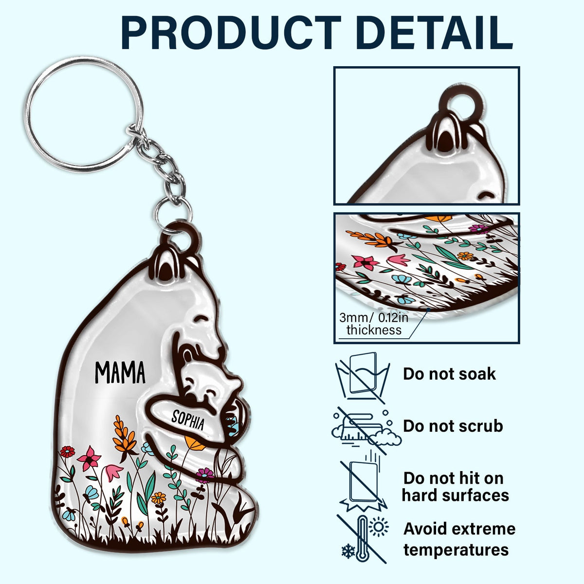 Floral Mama Bear - Birthday, Loving Gift For Mom, Mother, Grandmother, Grandma - Personalized Cutout Acrylic Keychain