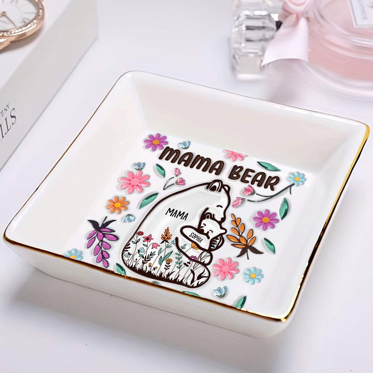 Mama Bear Floral Style - Birthday, Loving Gift For Mom, Mother, Grandma, Grandmother - 3D Inflated Effect Printed Dish, Personalized Ring Dish