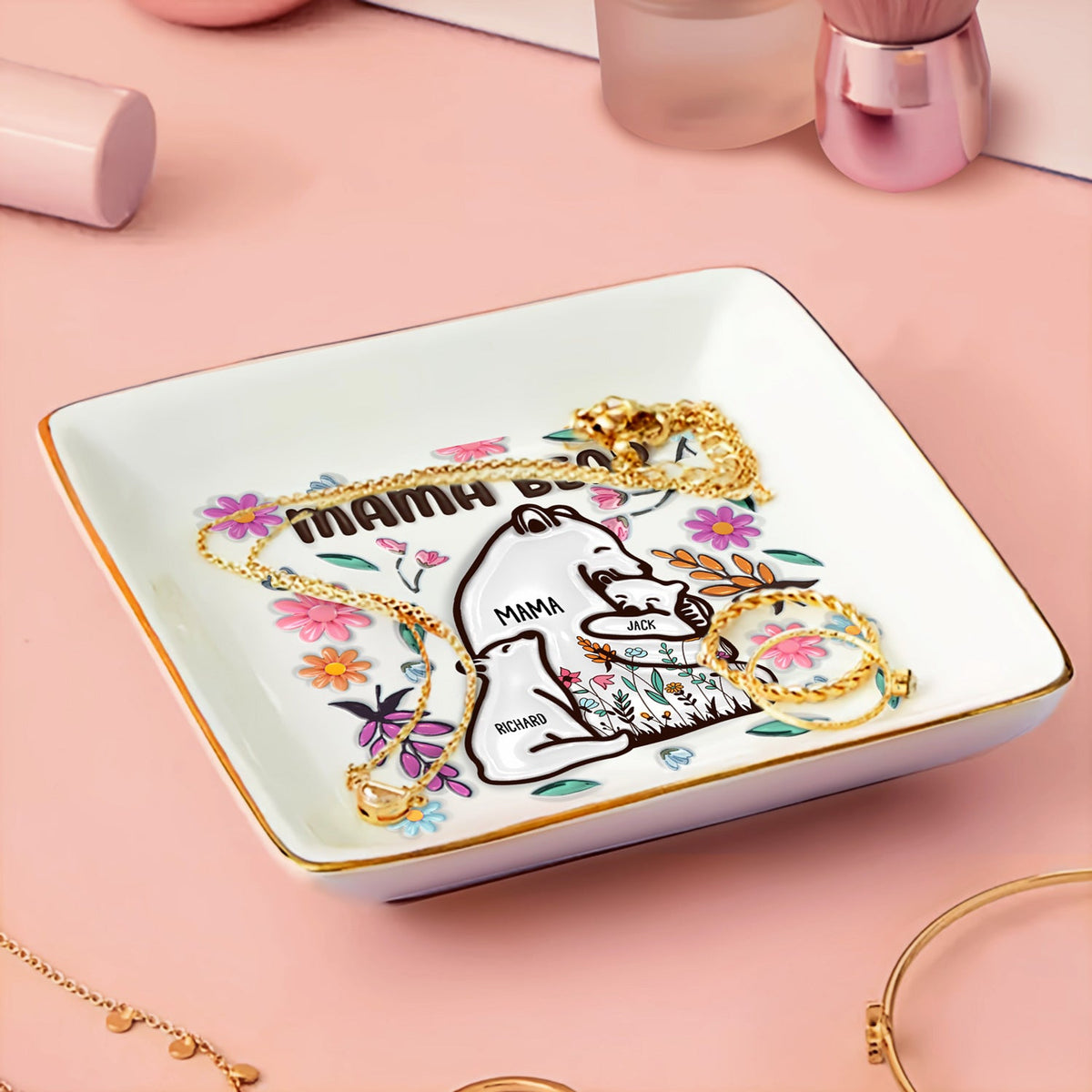 Mama Bear Floral Style - Birthday, Loving Gift For Mom, Mother, Grandma, Grandmother - 3D Inflated Effect Printed Dish, Personalized Ring Dish