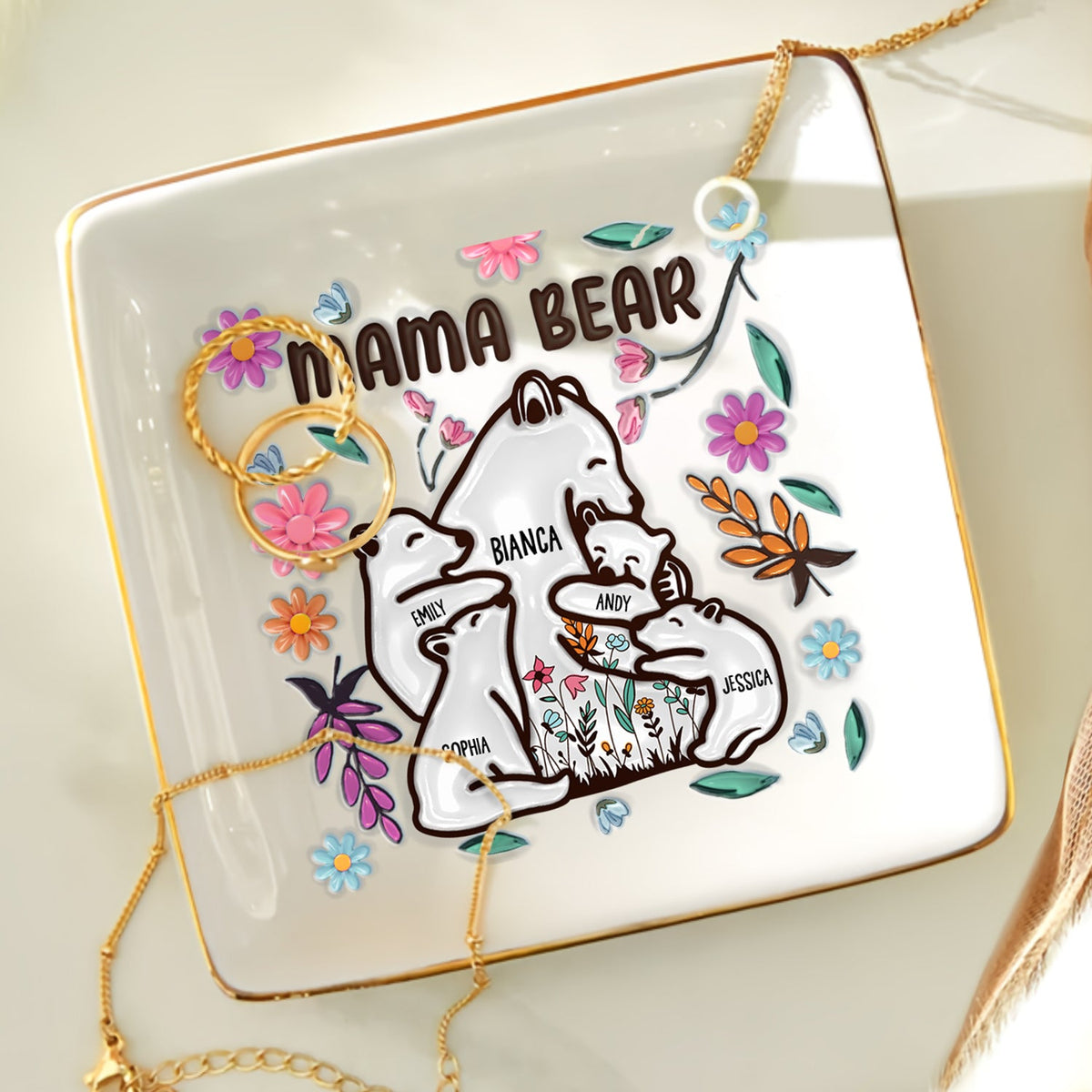 Mama Bear Floral Style - Birthday, Loving Gift For Mom, Mother, Grandma, Grandmother - 3D Inflated Effect Printed Dish, Personalized Ring Dish