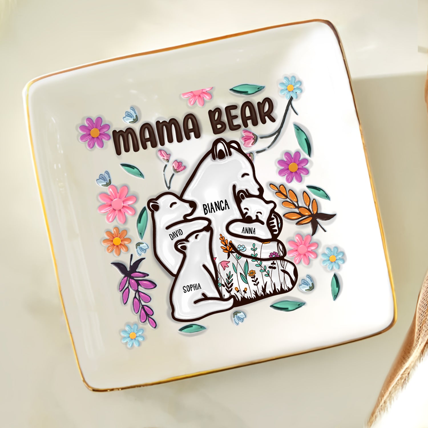 Mama Bear Floral Style - Birthday, Loving Gift For Mom, Mother, Grandma, Grandmother - 3D Inflated Effect Printed Dish, Personalized Ring Dish