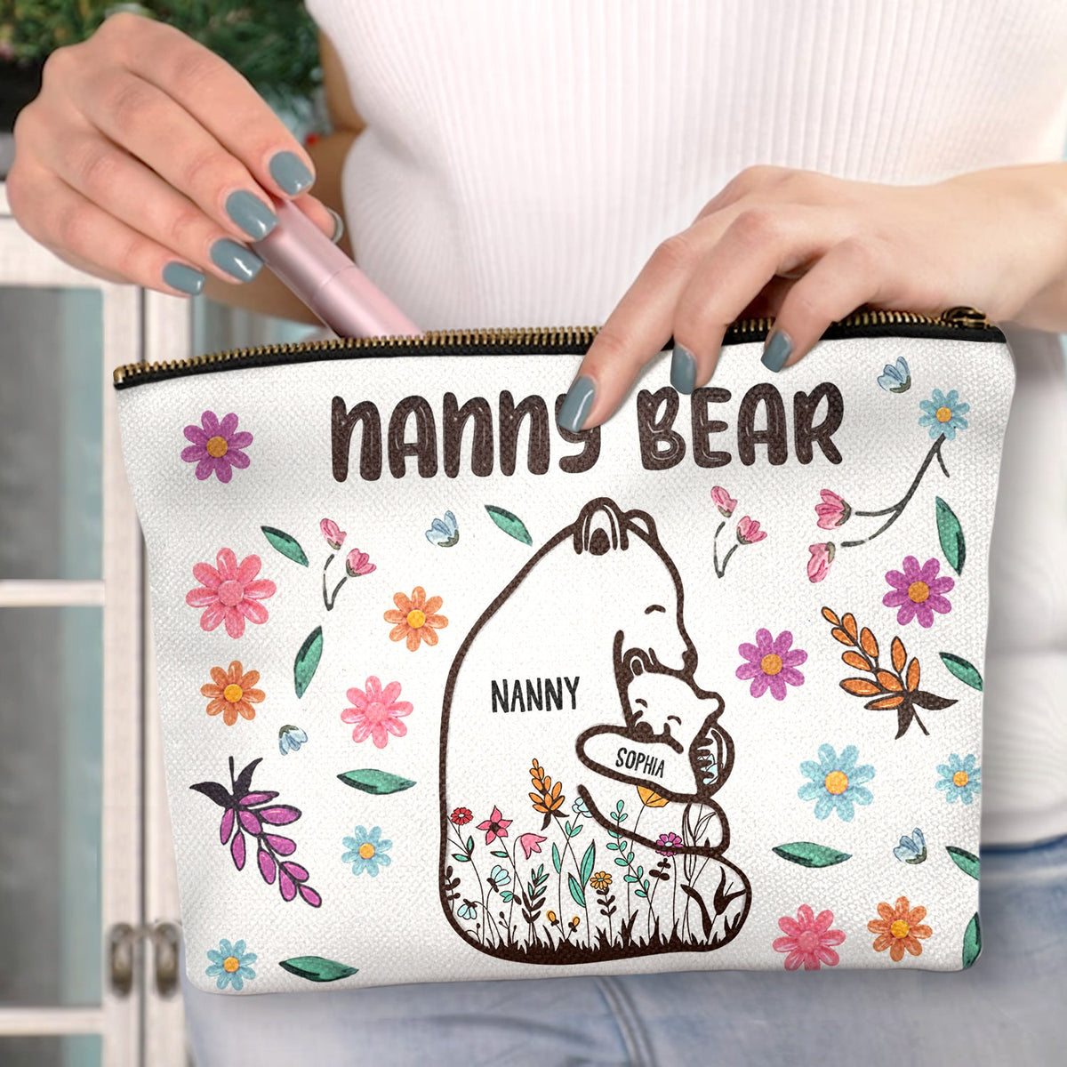 Maman Ourse Style Floral - Cadeau d'anniversaire, d'amour pour maman, mère, grand-mère, grand-mère - Trousse de maquillage personnalisée