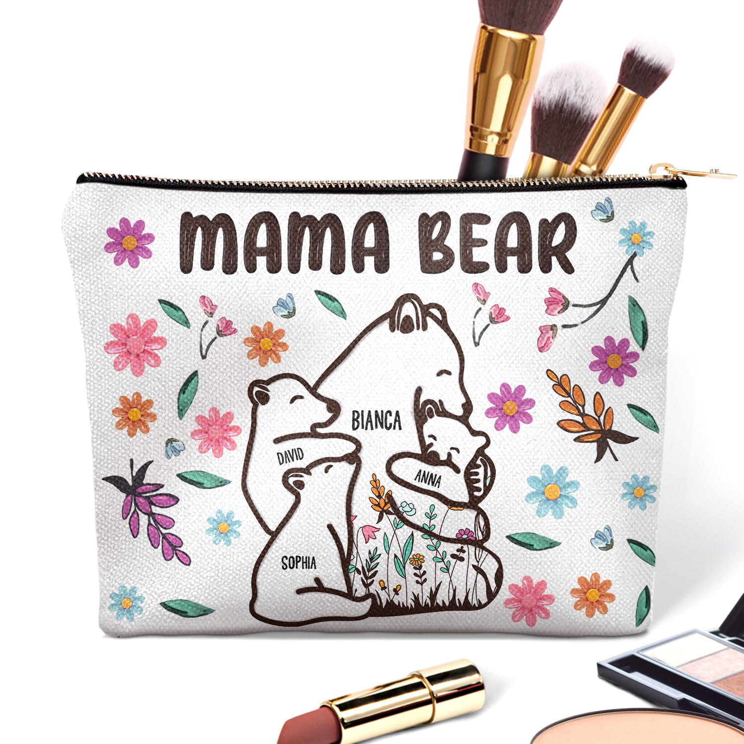Mama Bear Floral Style - Birthday, Loving Gift For Mom, Mother, Grandma, Grandmother - Personalized Cosmetic Bag