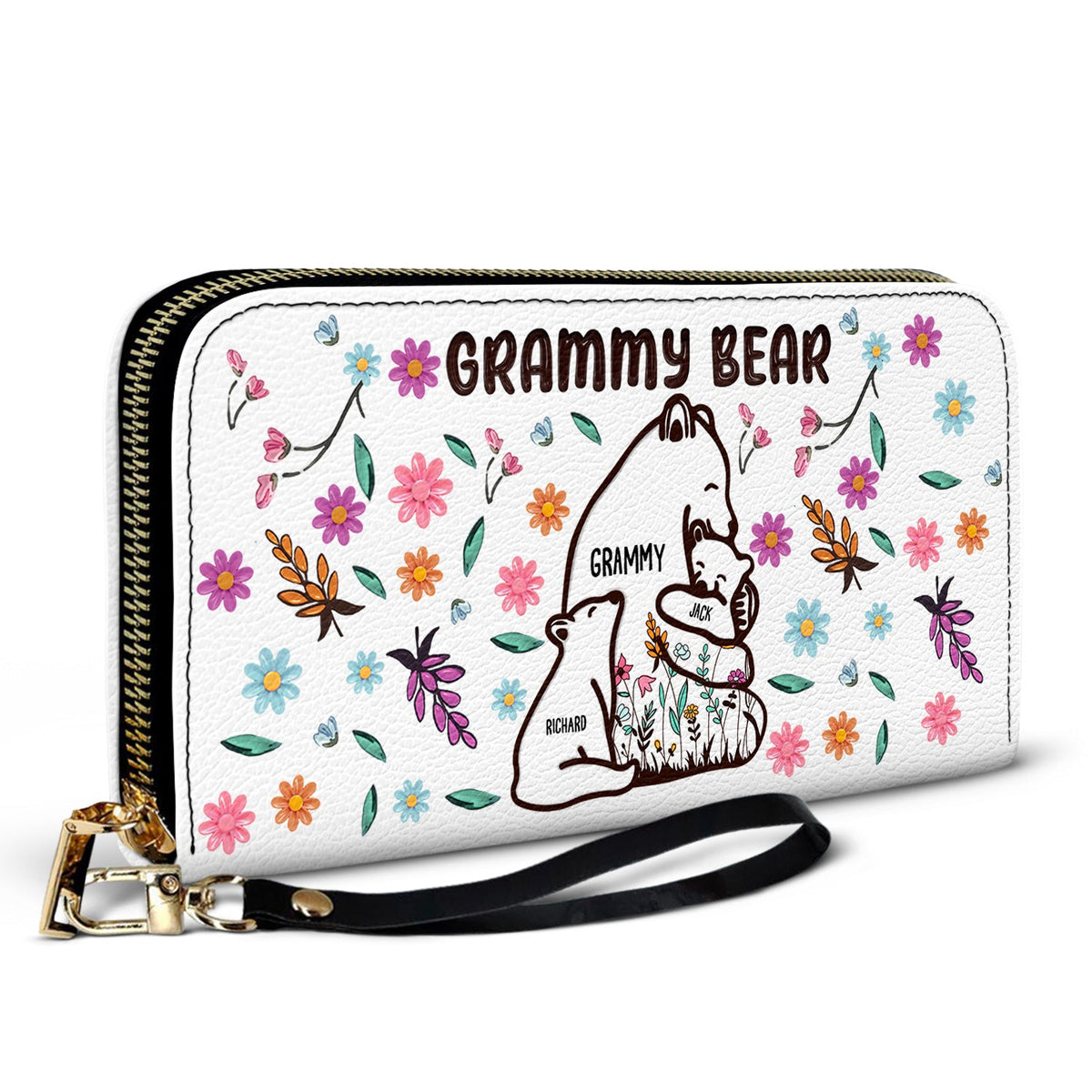 Mama Bear Floral Style - Birthday, Loving Gift For Mom, Mother, Grandma, Grandmother - Personalized Leather Long Wallet