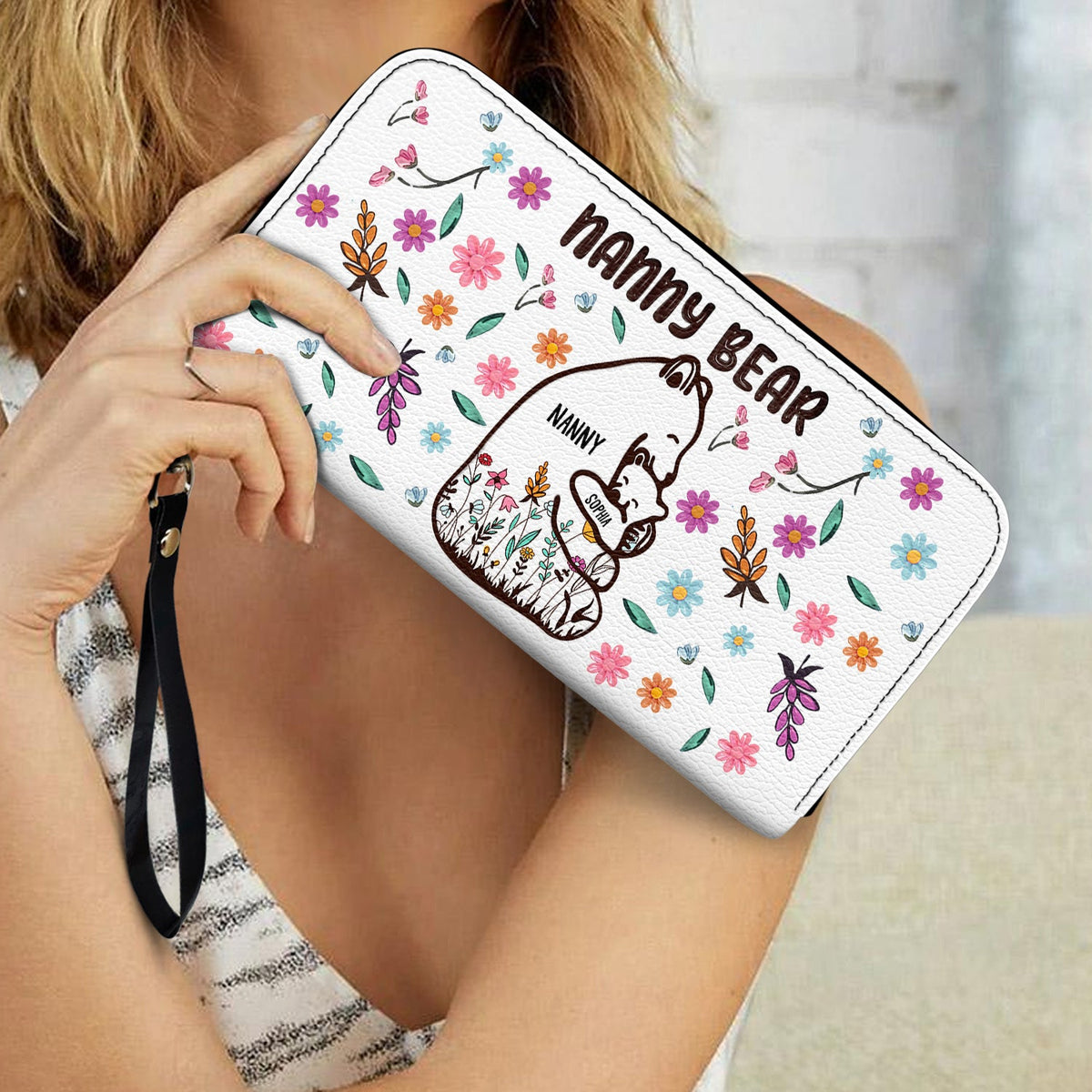 Mama Bear Floral Style - Birthday, Loving Gift For Mom, Mother, Grandma, Grandmother - Personalized Leather Long Wallet