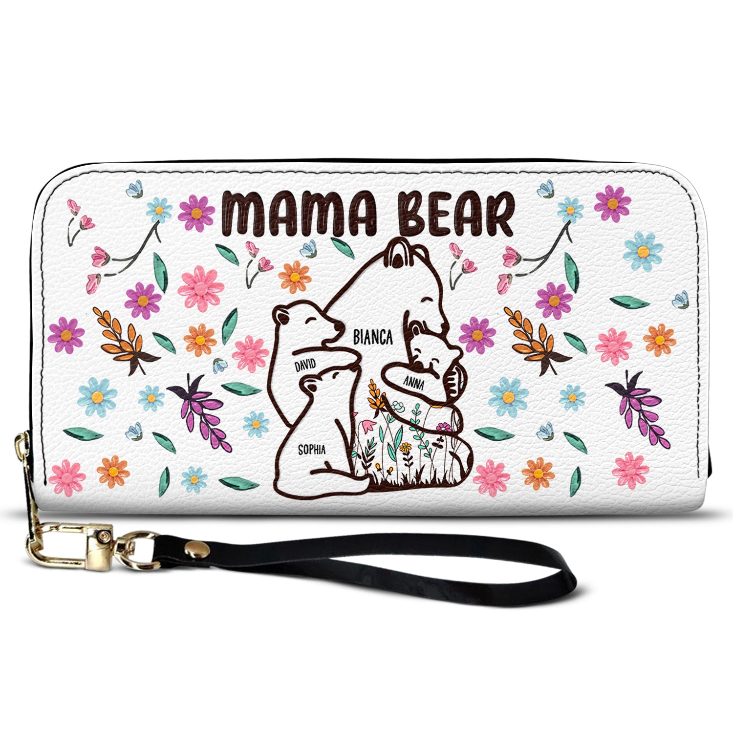 Mama Bear Floral Style - Birthday, Loving Gift For Mom, Mother, Grandma, Grandmother - Personalized Leather Long Wallet