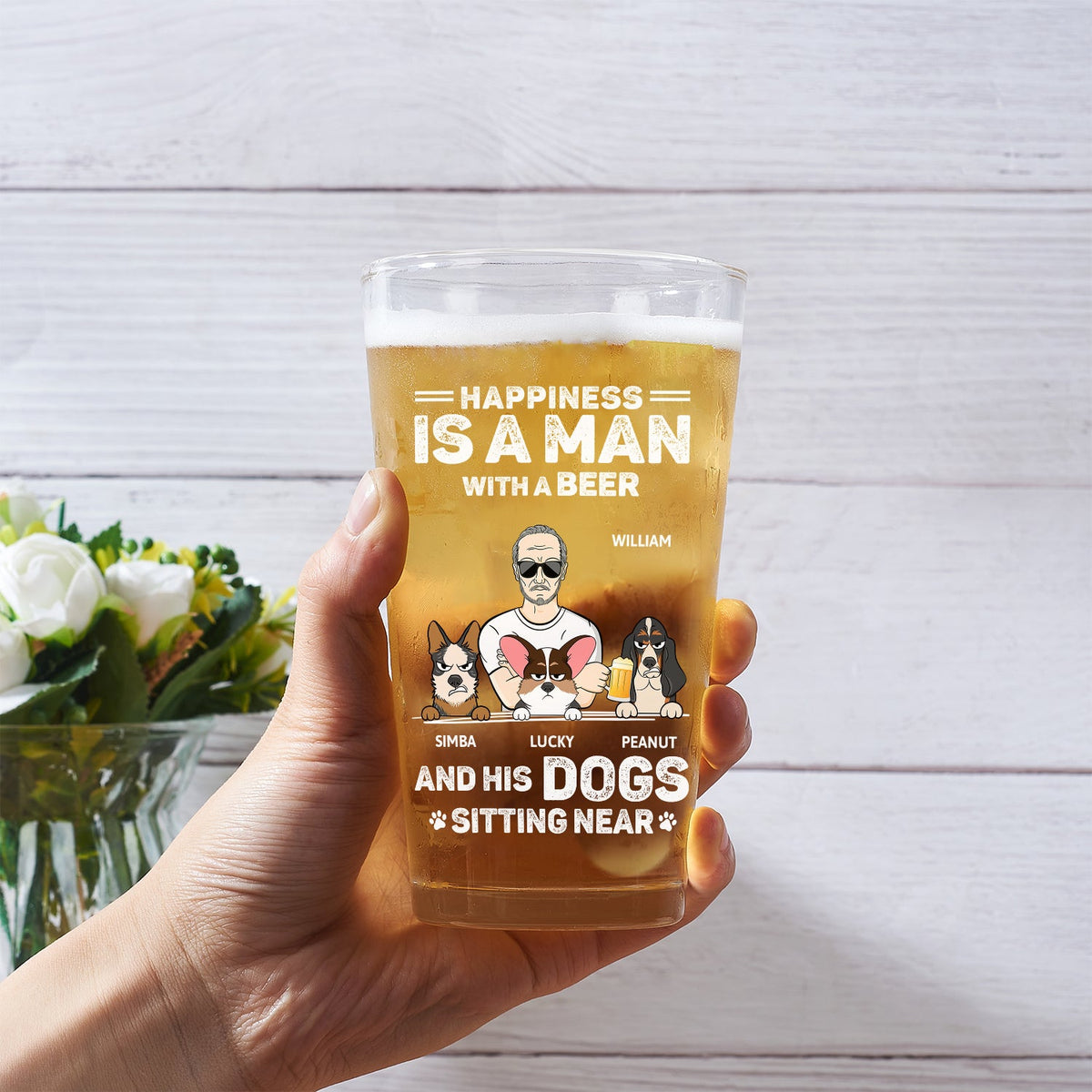 A Man With A Beer And His Dogs - Personalized Beer Glass