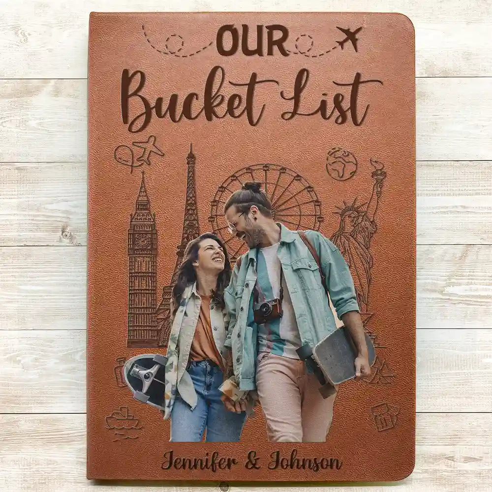 Travel, Gift For Couples, Gift For Husband, Gift For Wife, Gift For Boyfriend, Gift For Girlfriend, Custom Photo - Custom Photo Travel Couple Our Adventure Book - Personalized Leather Journal