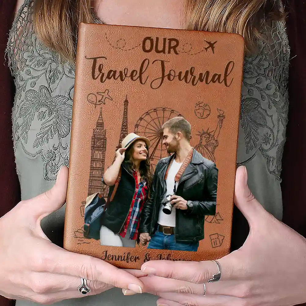 Travel, Gift For Couples, Gift For Husband, Gift For Wife, Gift For Boyfriend, Gift For Girlfriend, Custom Photo - Custom Photo Travel Couple Our Adventure Book - Personalized Leather Journal