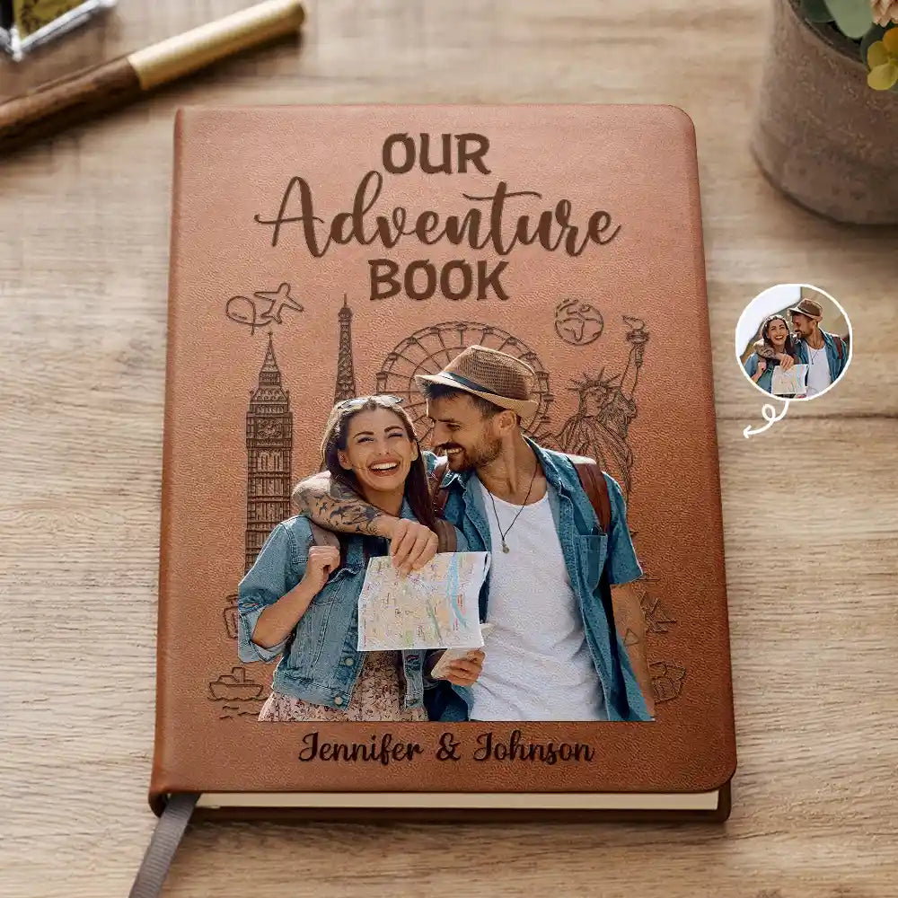 Travel, Gift For Couples, Gift For Husband, Gift For Wife, Gift For Boyfriend, Gift For Girlfriend, Custom Photo - Custom Photo Travel Couple Our Adventure Book - Personalized Leather Journal