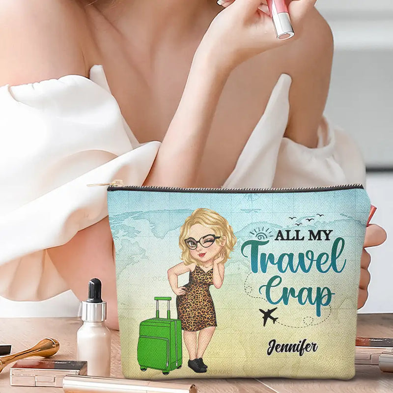 Trousse de maquillage personnalisée « All My Travel Crap Cartoon Woman »
