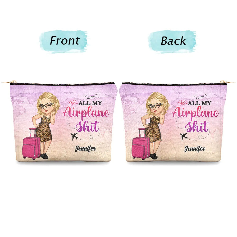 Trousse de maquillage personnalisée « All My Travel Crap Cartoon Woman »