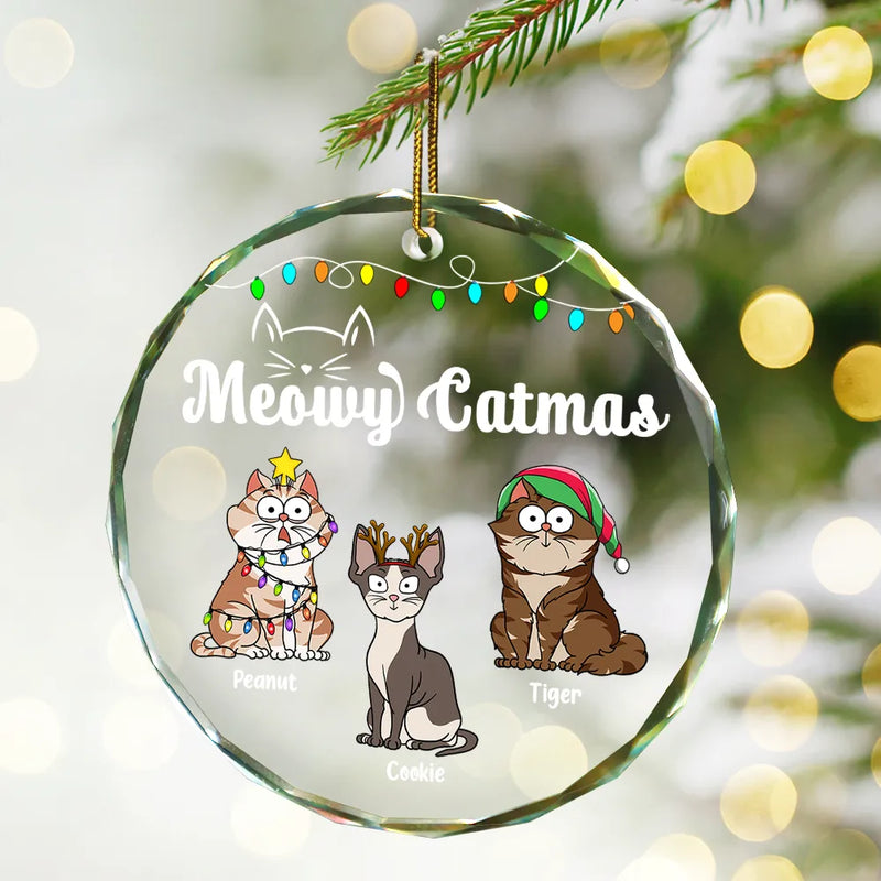 Christmas Meowy Catmas Funny Cartoon Cats - Personalized Circle Glass Ornament