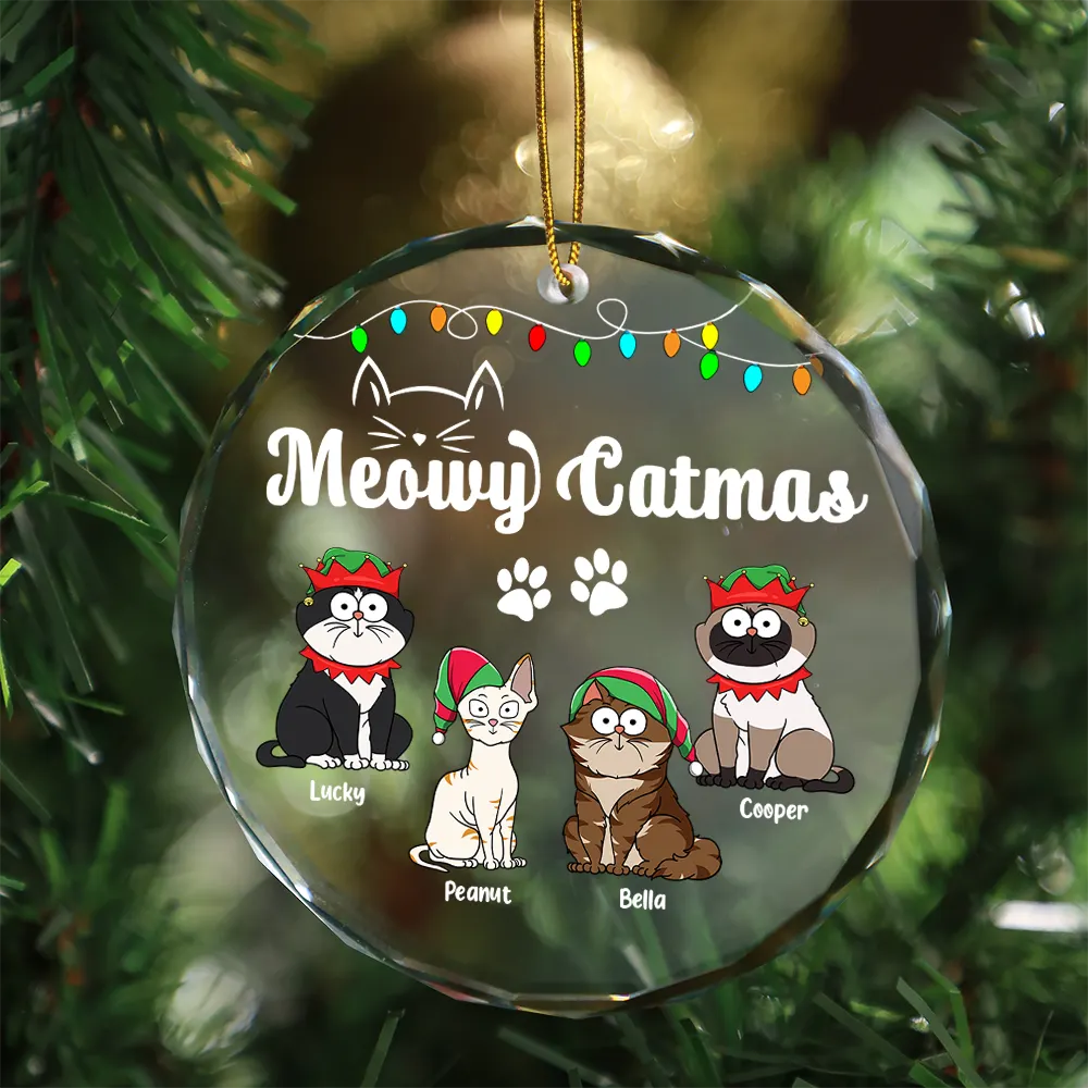 Christmas Meowy Catmas Funny Cartoon Cats - Personalized Circle Glass Ornament