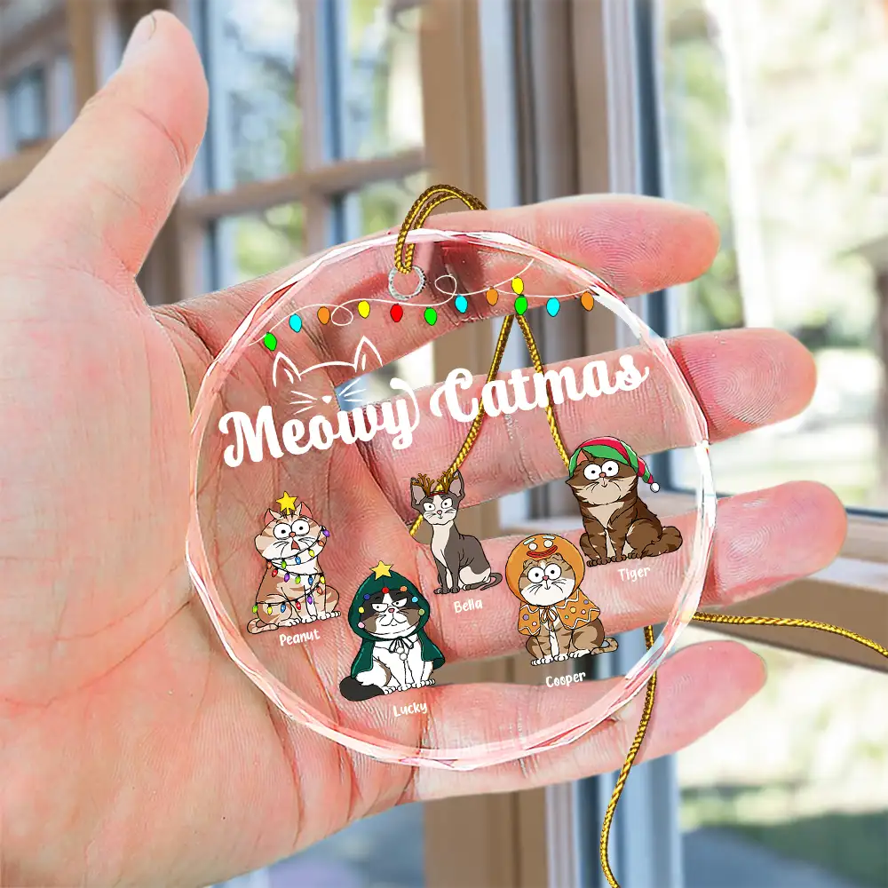 Christmas Meowy Catmas Funny Cartoon Cats - Personalized Circle Glass Ornament