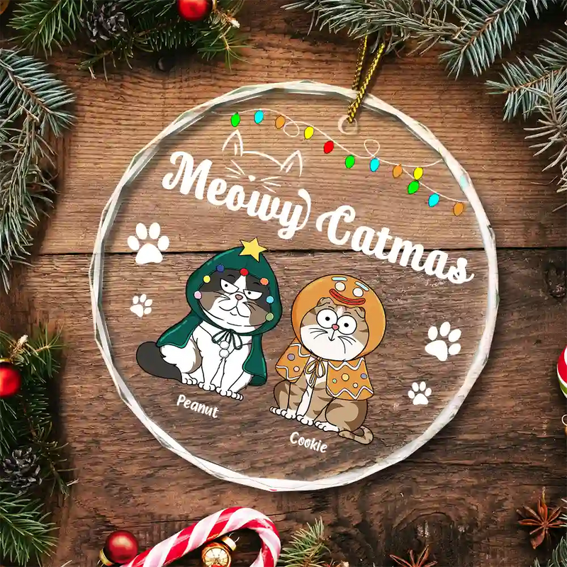 Christmas Meowy Catmas Funny Cartoon Cats - Personalized Circle Glass Ornament
