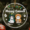 Christmas Meowy Catmas Funny Cartoon Cats - Personalized Circle Glass Ornament
