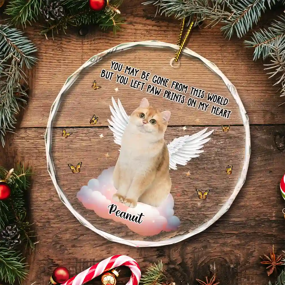 Custom Photo Memorial Christmas You Left Paw Prints On My Heart - Personalized Circle Glass Ornament