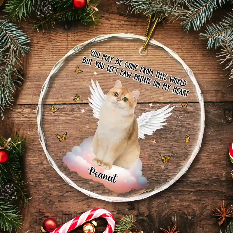 Custom Photo Memorial Christmas You Left Paw Prints On My Heart - Personalized Circle Glass Ornament