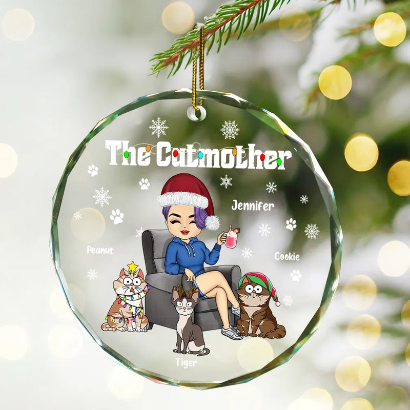 Christmas The Cat Mother - Personalized Circle Glass Ornament